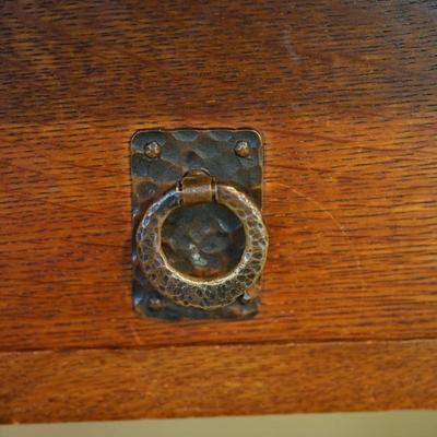 "QUAINT" LABEL ON BASE  1900'S OAK ARTS AND CRAFTS STYLE WRITING DESK TWO DRAWER /COPPER PULLS