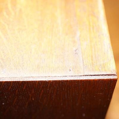 "QUAINT" LABEL ON BASE  1900'S OAK ARTS AND CRAFTS STYLE WRITING DESK TWO DRAWER /COPPER PULLS