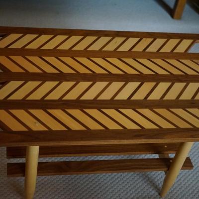 UNIQUE HAND CRAFTED TWO TONE WOODEN OCCASIONAL TABLE OF GEOMETRIC DESIGN.
