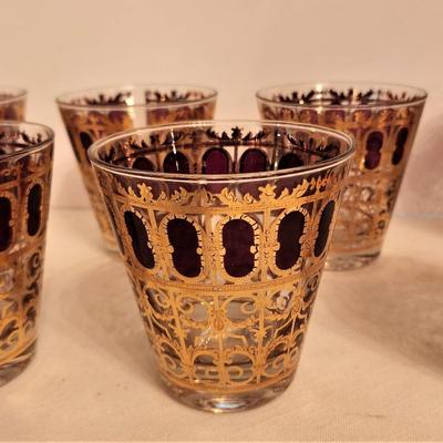 Lot #74  Lot of 8 Mid Century Culver Rocks Glasses - Cranberry Scroll