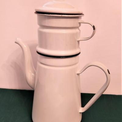 Lot #75 Vintage French Enamel Coffee Pot - Complete