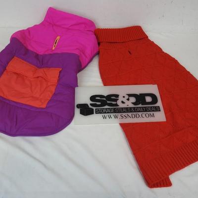 Dog Coat (purple, pink, orange) and Dog turtleneck sweater (red) Size Large