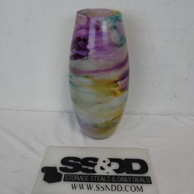 Tall Glass Vase by Franco Design, Colorful Watercolor Design 14.5