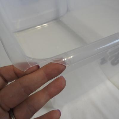 2 Sterilite 58 qt Storage Boxes, Clear with White Lids. CRACKED CORNERS