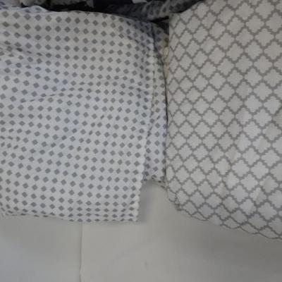8 pc Queen Bedding Set, Navy/White/Gray: Skirt, Flat Sheet, Fitted Sheet, etc