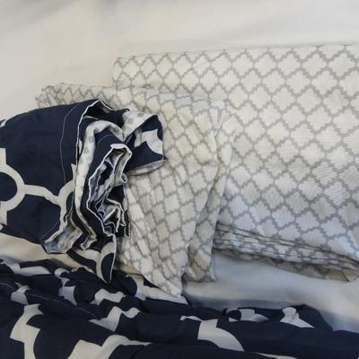 8 pc Queen Bedding Set, Navy/White/Gray: Skirt, Flat Sheet, Fitted Sheet, etc