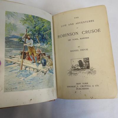 5 Antique Vintage Hardcover Books: Robinson Crusoe, Jonathan Swift, World Today