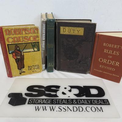 5 Antique Vintage Hardcover Books: Robinson Crusoe, Jonathan Swift, World Today