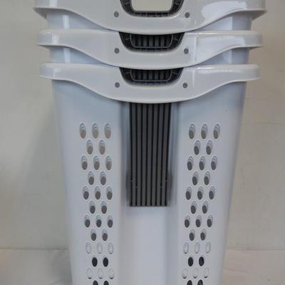 Sterilite Ultra Wheeled Plastic Laundry Hamper, White, Set of 3, Cracked, Usable