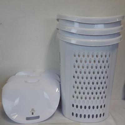 Sterilite Ultra Wheeled Plastic Laundry Hamper, White, Set of 3, Cracked, Usable