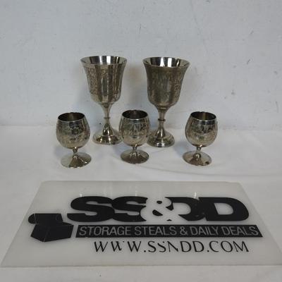 5 pc Metal Etched Chalise Goblets by World Gift. Some wear visible