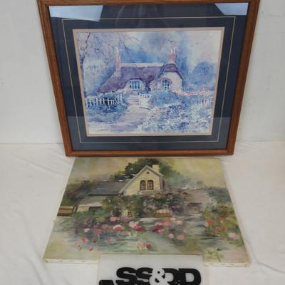 2 pc Wall Decor: Cottage & Floral. 1 framed (25x28.5) & 1 on canvas (18x24)