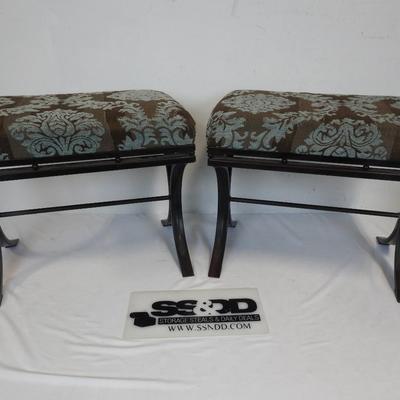 2 Footstool Ottomans. Brown Metal with Brown & Aqua Cushions 16x19x12.5