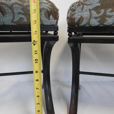 2 Footstool Ottomans. Brown Metal with Brown & Aqua Cushions 16x19x12.5