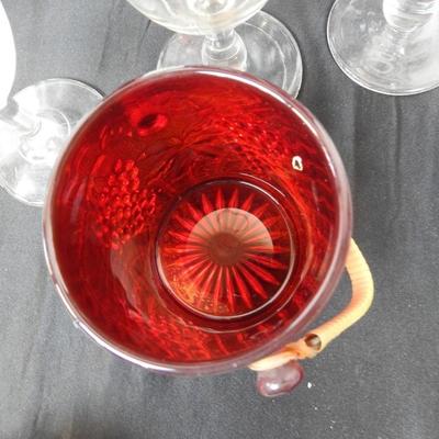 7 Wine Glasses, Red Glass Jar with Handle, Red Flower Vase