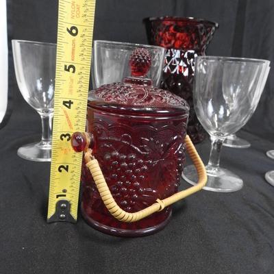 7 Wine Glasses, Red Glass Jar with Handle, Red Flower Vase