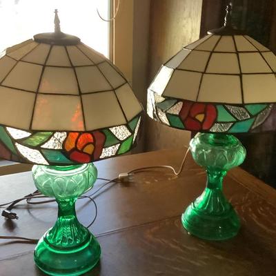 2 Green glass lamps original wiring