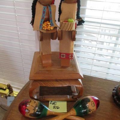 Native American Wooden Design Dolls on Oak Stand