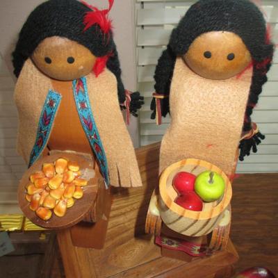 Native American Wooden Design Dolls on Oak Stand