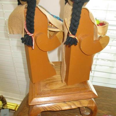 Native American Wooden Design Dolls on Oak Stand