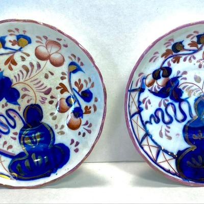 Pair Gaudy Welsh Oyster Handpainted little bowls