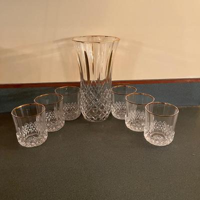 Gold Rimmed Glass Vase & Six Gold Rimmed Glasses (FR-MG)
