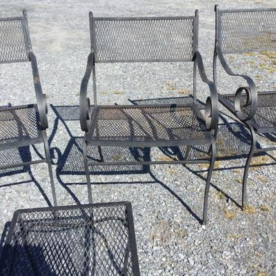 Lot. 6434. Vintage Woodard Style Scroll Arm Wrought Iron Chairs and Endtables