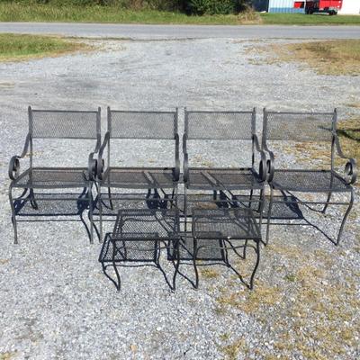 Lot. 6434. Vintage Woodard Style Scroll Arm Wrought Iron Chairs and Endtables