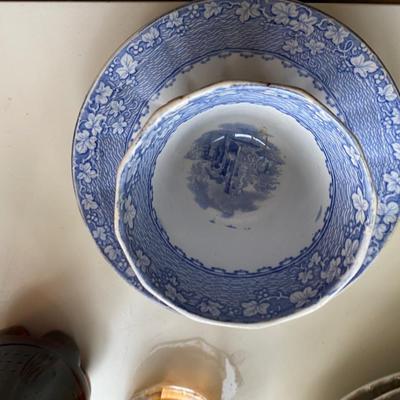 Antique Staffordshire Blue Transferware PRIORY Bowl and Saucer