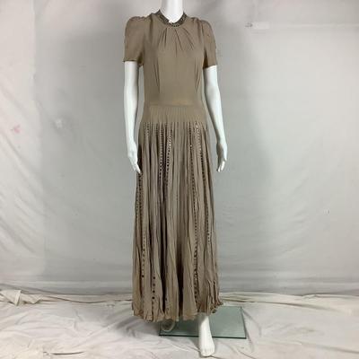 303 Antique Art Deco Taupe Crepe Pleated Sequined Dress