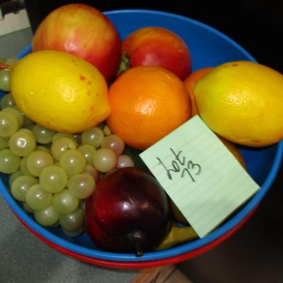 Bowl of Plastic Fruit/Can Opener