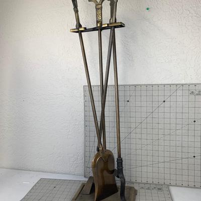 #5 Vintage Brass Fireplace Tool Set & Stand