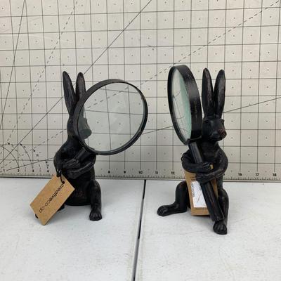 #63 Two Pewter Magnifying Glass w/ Resin Rabbit Stand