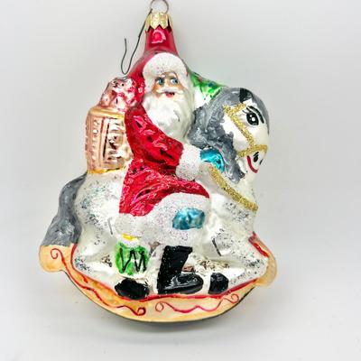 1203  Christopher Radko Hand Blown Rocking Horse Santa Ornament