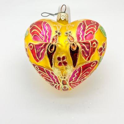 1210  Christopher Radko Hand Blown Glass Heart Set Butterflies Ornament
