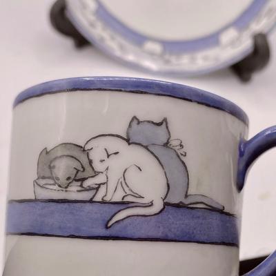 1932 Vintage Arts & Crafts Porcelain Child Baby Gift Mug &  Plate HP Kittens