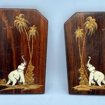 Pair of Antique Ivory Inlaid Bookends Elephants