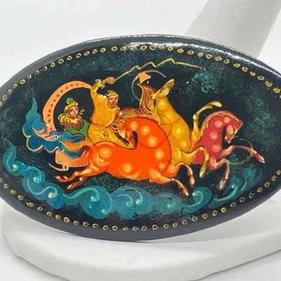 LOT 63: Russian Black Lacquer Brooch Painted w. Troika Pulling Sleigh