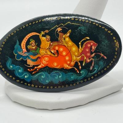 LOT 63: Russian Black Lacquer Brooch Painted w. Troika Pulling Sleigh