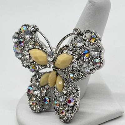 LOT 65: Silvertone Butterfly Brooch / Pin - Cream Acrylic / Crystal Stone