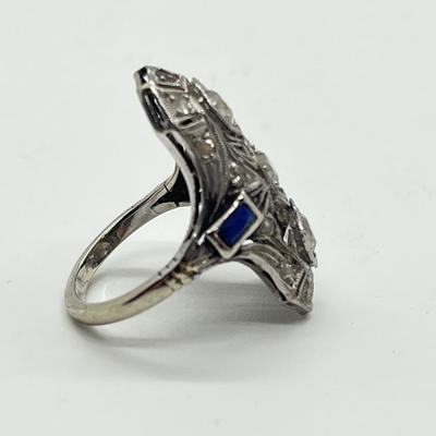 LOT 128: Antique Art Deco Platinum Filigree Diamond & Sapphire Ring - Sz. 4.5 - 4 gtw