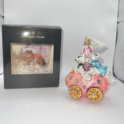 1255 Christopher Radko 1997 Bunmobile Bunny Glass Ornament