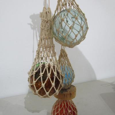 #98 Wooden Hawaii goblet, wooden bowl, decorative glass balls in netting