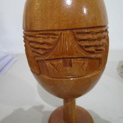 #98 Wooden Hawaii goblet, wooden bowl, decorative glass balls in netting