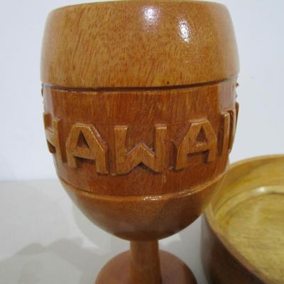 #98 Wooden Hawaii goblet, wooden bowl, decorative glass balls in netting