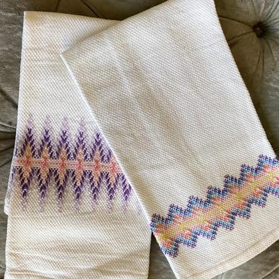 Vintage 1930s Pair Bargello Handstitched Cross Stitch Hand Towels