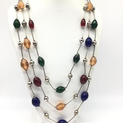 Large Glass Beaded Necklace. Silver Beaded Accent