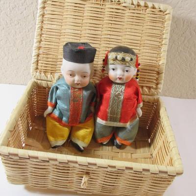 Oriental Asian Ethnic Bisque Character Couple Dolls Set in a Basket 5-51/2