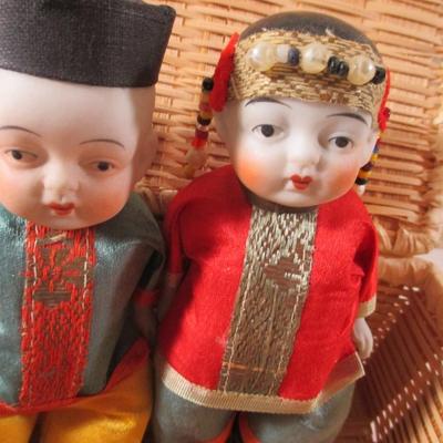 Oriental Asian Ethnic Bisque Character Couple Dolls Set in a Basket 5-51/2
