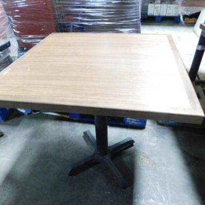 Pair of Wood Goods Industries 4-Top Wood Finish Commercial Grade Square Corner Tables Metal Base
